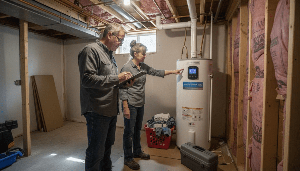 1772072158103_image-7 - CoolFix Appliance & HVAC Service Couple examines basement heat pump water heater