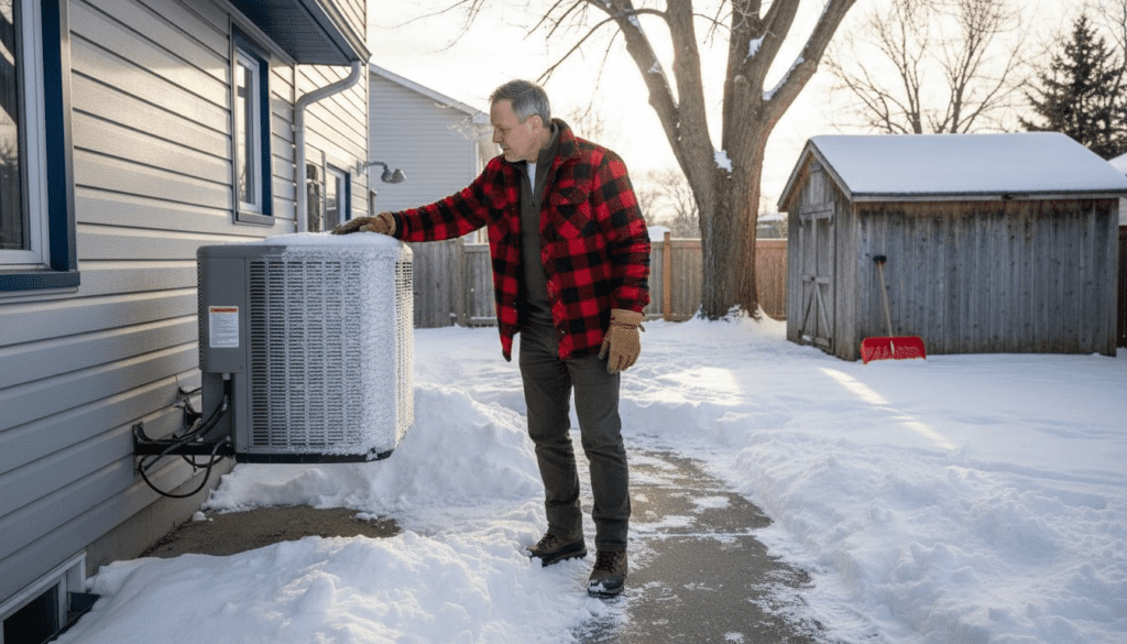 Homeowner inspecting heat pump in winter yard
