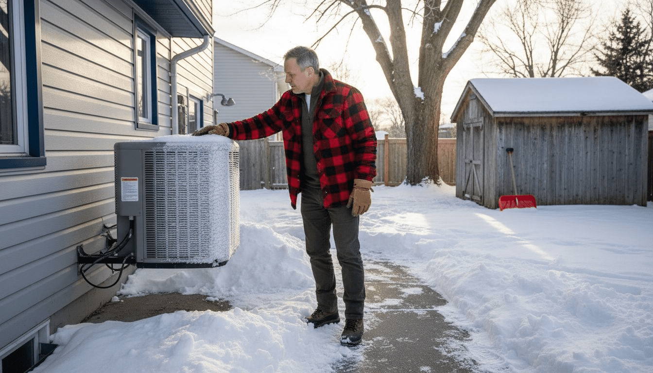 Homeowner inspecting heat pump in winter yard
