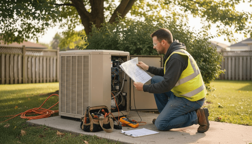 Technician performing heat pump safety inspection