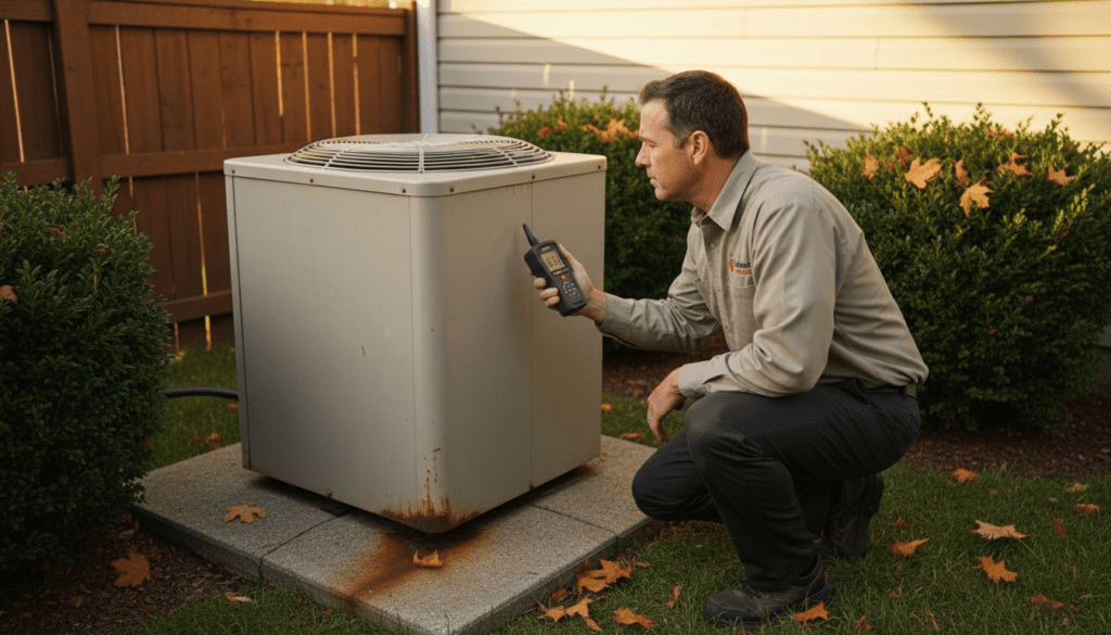 Technician measuring noisy outdoor heat pump