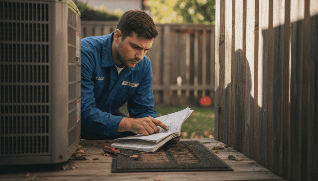 Beginner repairing residential heat pump outdoors