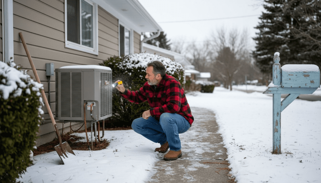 Homeowner checking heat pump unit in winter