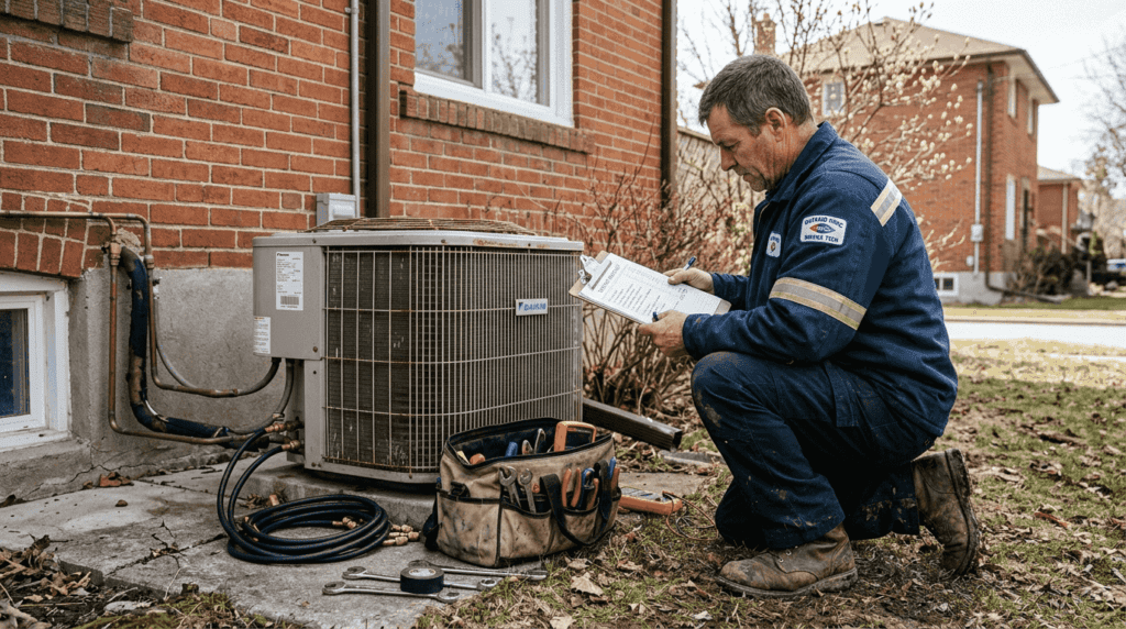Technician checking heat pump outside home
