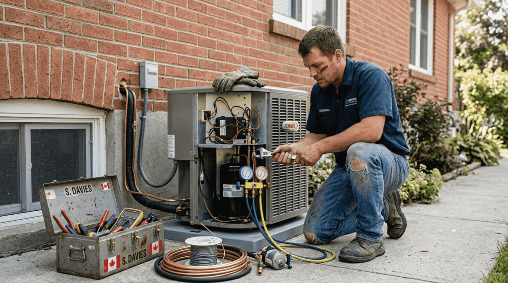 Technician working on outdoor heat pump unit