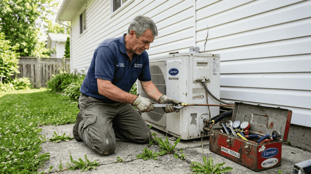 Technician installing heat pump outdoors