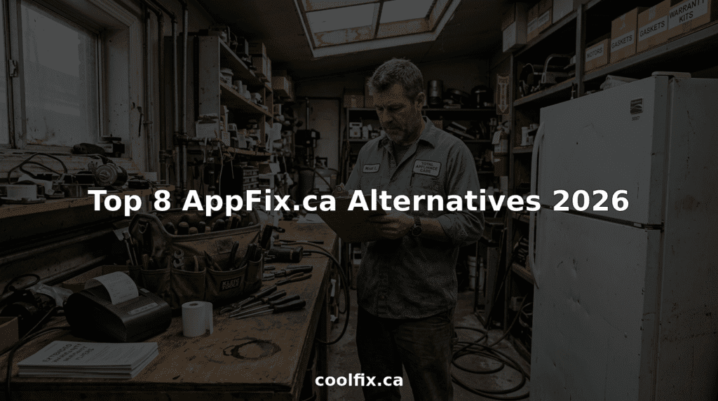 Technician with open fridge and tools in workshop