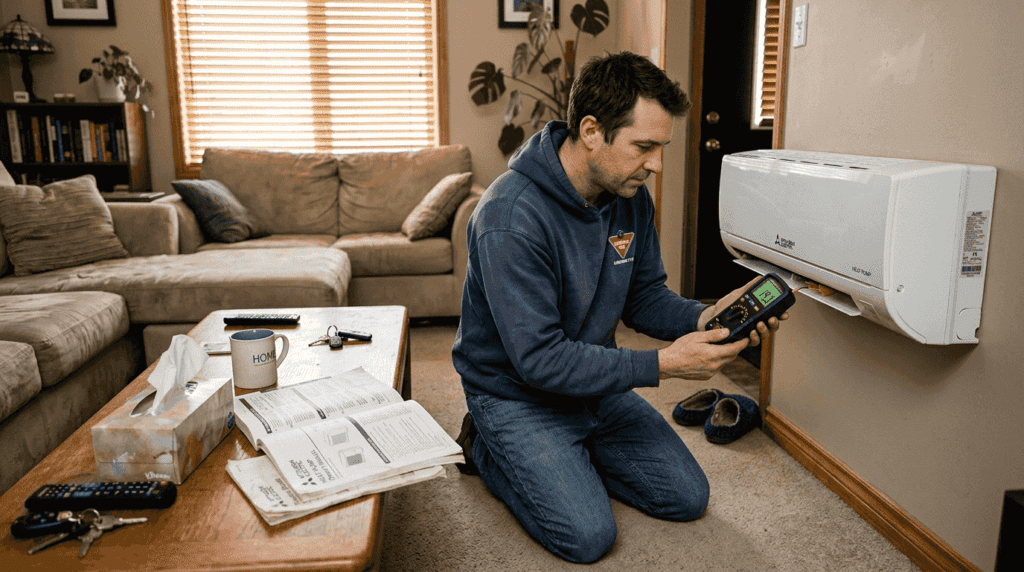 Homeowner checking heat pump for problems