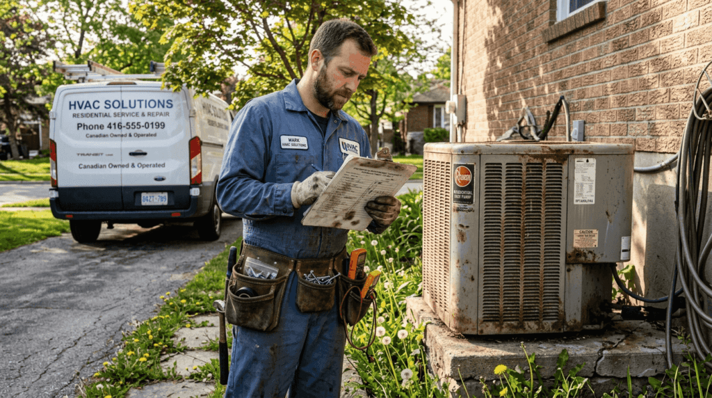 Technician inspecting old heat pump unit outdoors
