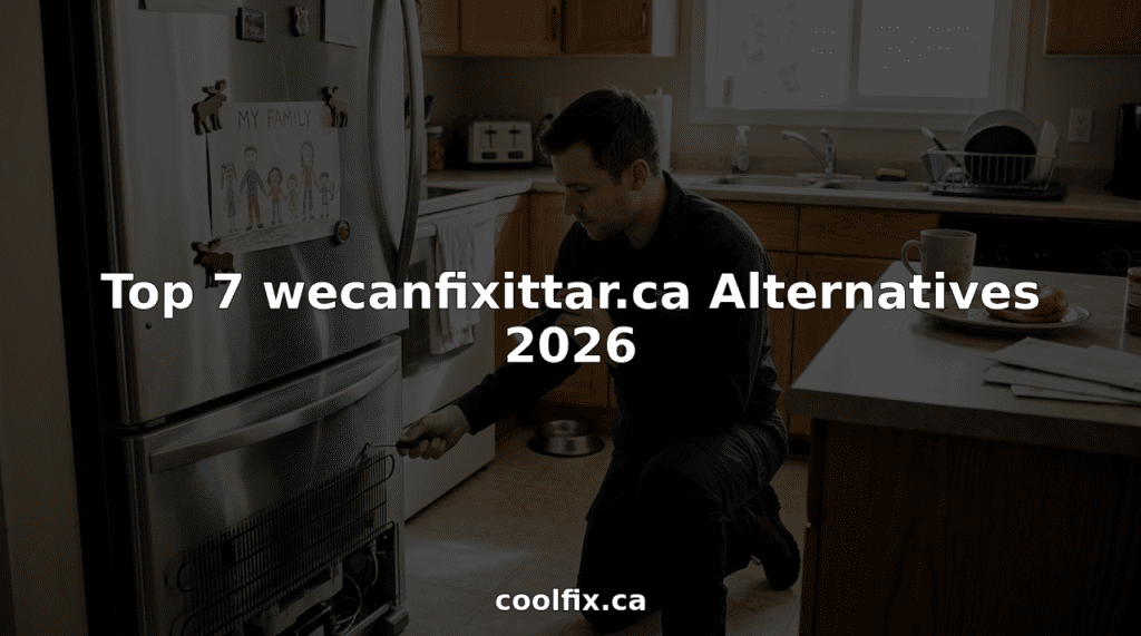 Appliance technician repairing fridge in family kitchen